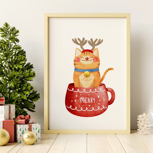 Funny Cat in Cup Reindeer Antlers Red Nose Xmas Poster (Creator Uploaded)