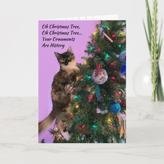 Funny Cat in Tree Eyeing Ornaments Christmas Card (Front)