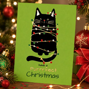 Funny Cat in Tree Lights Purr fect Chrismas Gold