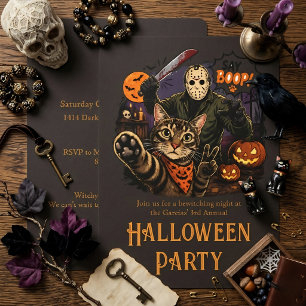 Funny Cat & Jason Voorhees "Say Boop!" Halloween  Invitation