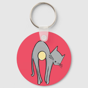 Funny Cat Keychain – Minimal Grey Kitty on Red