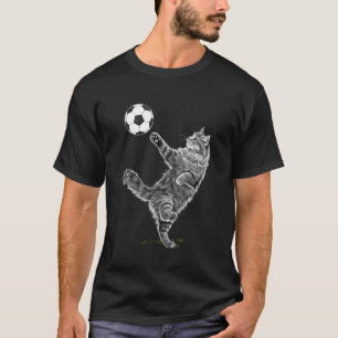 Funny Cat Kicking Soccer Ball Sketch Art T-Shirt