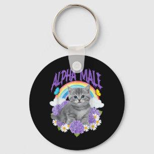 Funny Cat Kitten Rainbow Floral Alpha Male Key Ring