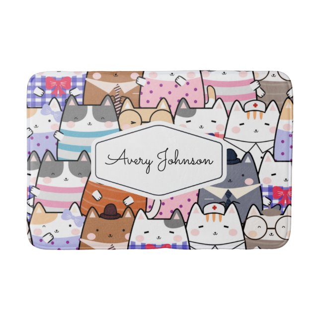 Funny Cat Kitten Whimsical Pattern Kids Bathroom Bath Mat (Front)