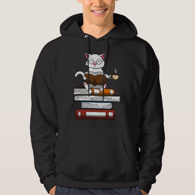 Funny Cat Kitty Reading Books Coffee Hoodie (Front)