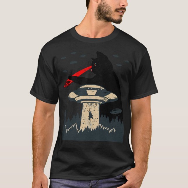 Funny Cat Laser Eye Ufo Alien T-Shirt (Front)
