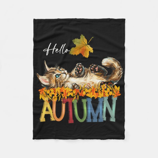 Funny Cat Leaf Fall Hello Autumn Cute Kitten Cat L Fleece Blanket (Front)