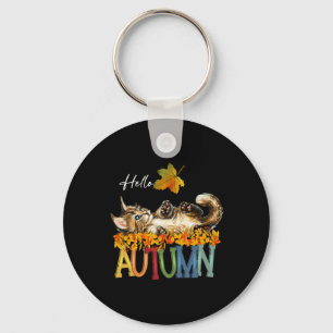 Funny Cat Leaf Fall Hello Autumn Cute Kitten Cat L Key Ring