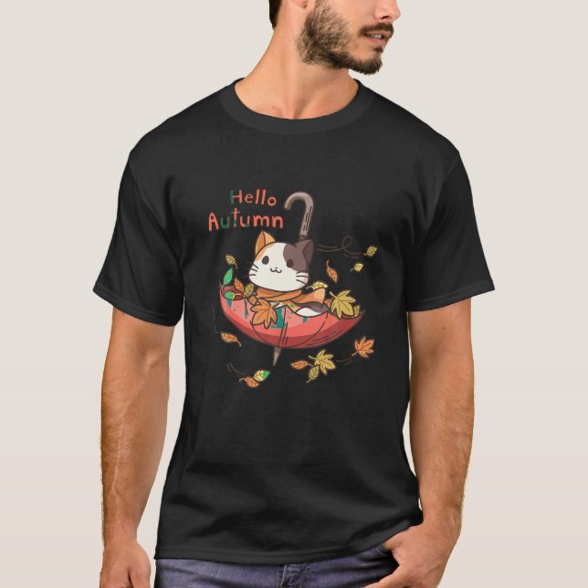 Funny Cat Leaf Fall Hello Autumn Cute Kitten Cat L T-Shirt (Front)