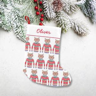 Funny Cat Lover Cat Wearing Ugly Christmas Sweater Small Christmas Stocking