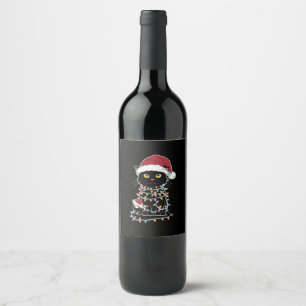Funny Cat Lover Christmas Lights Wine Label