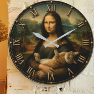 Funny Cat Lover Mona Lisa Cute Ginger Cat Renaissa Large Clock