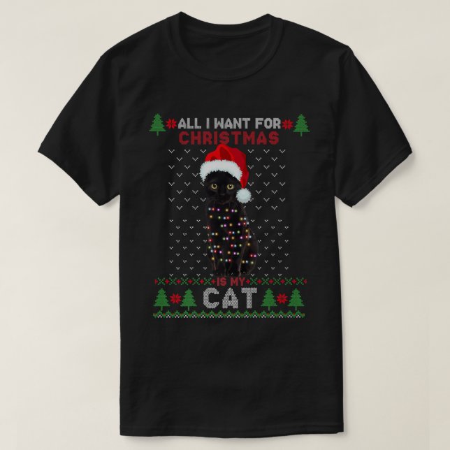Funny Cat lovers Cute Cat Santa Hat Ugly Christmas T-Shirt (Design Front)