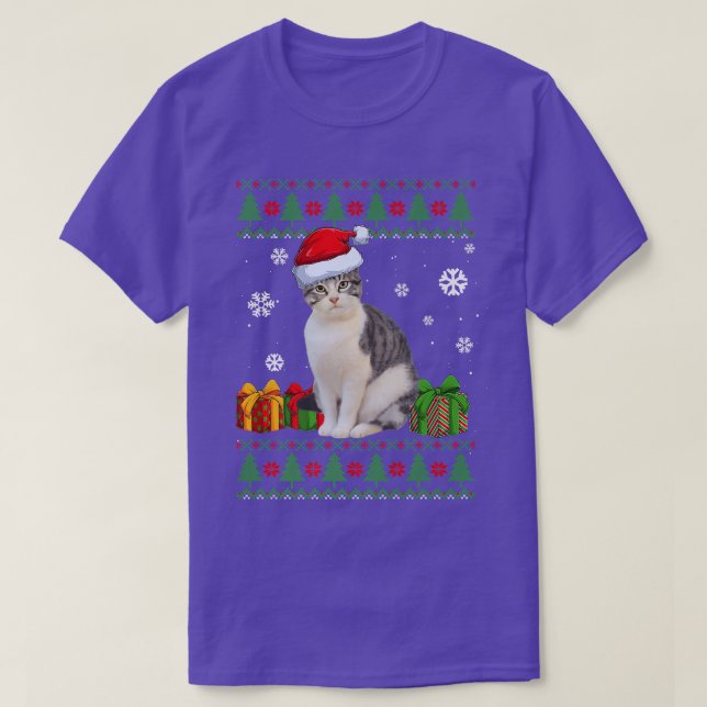 Funny Cat lovers Cute Cat Santa Hat Ugly Christmas T-Shirt (Design Front)