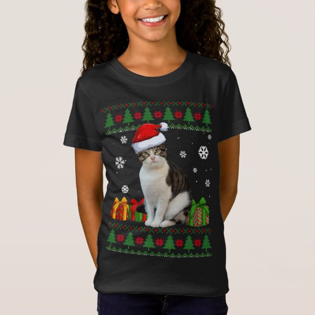 Funny Cat lovers Cute Cat Santa Hat Ugly Christmas T-Shirt (Front)