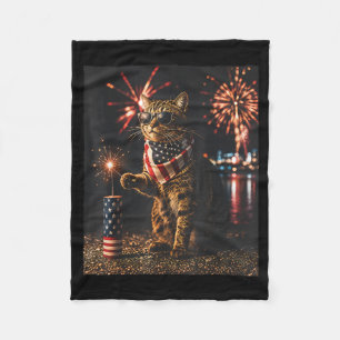 Funny Cat Lovers Fireworks Patriotic 4th Of July Fleece Blanket