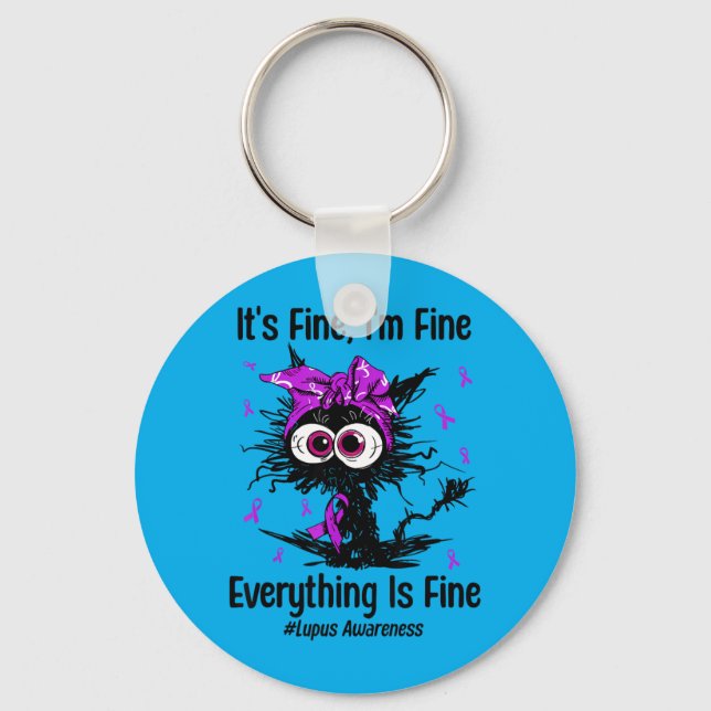 Funny Cat Lupus Awareness Warrior Fighter Purple Key Ring (Front)