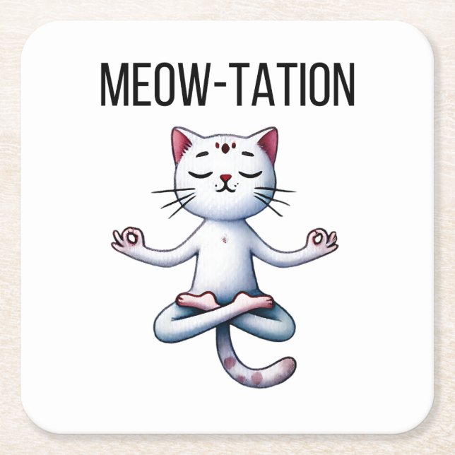 Funny Cat Meditation Square Paper Coaster (Front)