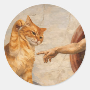 Funny Cat Meme Art Creation of Adam with Cat Sarca Classic Round Sticker