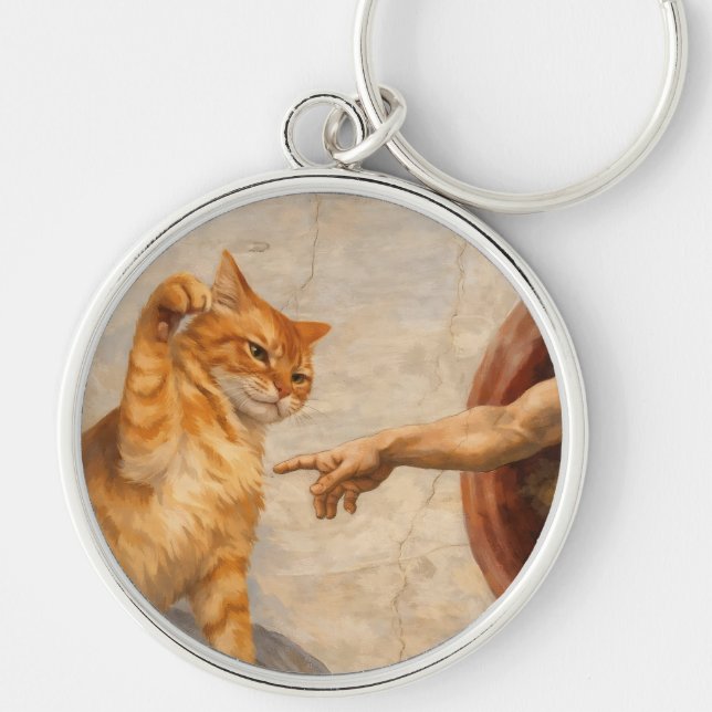 Funny Cat Meme Art Creation of Adam with Cat Sarca Key Ring (Front)