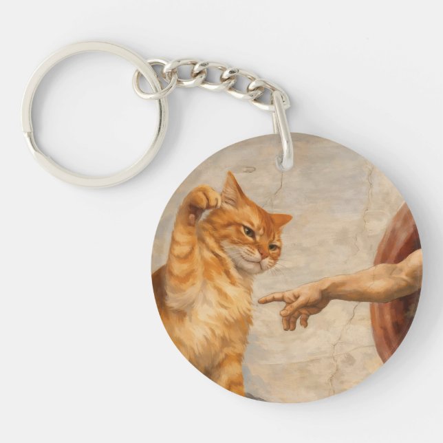 Funny Cat Meme Art Creation of Adam with Cat Sarca Key Ring (Front)