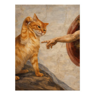 Funny Cat Meme Art Creation of Adam with Cat Sarca Poster