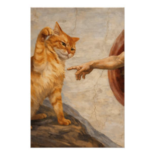 Funny Cat Meme Art Creation of Adam with Cat Sarca Poster