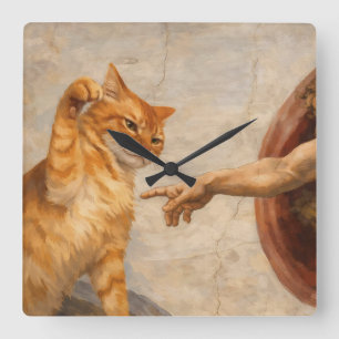 Funny Cat Meme Art Creation of Adam with Cat Sarca Square Wall Clock