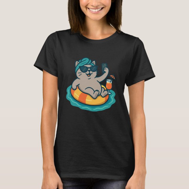 Funny Cat Meme Pool Float Selfie Summer Kitten Hum T-Shirt (Front)