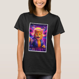 Funny Cat Meme Retro Synthwave 80s Graphic UFO Sel T-Shirt