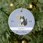 Funny Cat Menorah & Dreidel Happy Hanukkah Blue Ceramic Tree Decoration<br><div class="desc">Decorate your Christmas tree with this cute,  Hanukkah theme ornament! Easily change the text by clicking on the "personalise this template" option.</div>