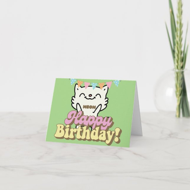 Funny cat Meow colourful vintage happy birthday Card (Front)