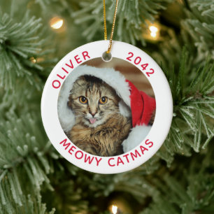 Funny Cat Meowy Catmas Photo Name Ceramic Tree Decoration