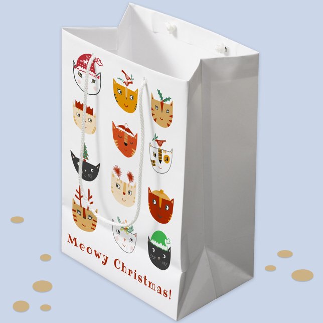 Funny Cat Meowy Christmas Holidays Medium Gift Bag (Fun Meowy Christmas kitty cat custom text gift bag)