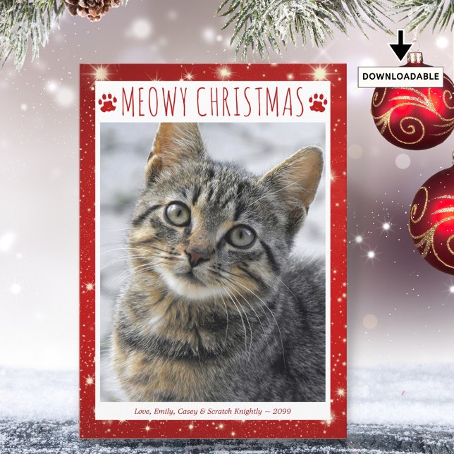 Funny Cat MEOWY CHRISTMAS Photo Red Pawprints Holiday Card (Creator Uploaded)