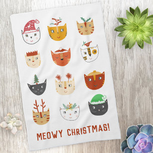 Funny Cat Meowy Christmas Tea Towel