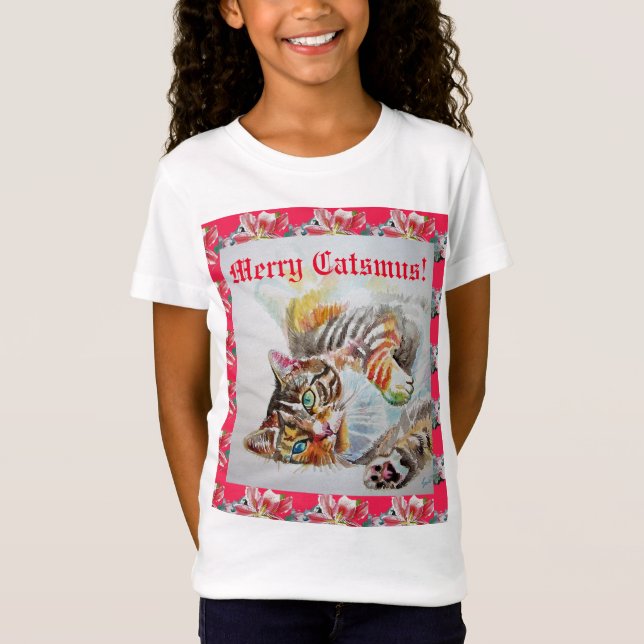 Funny Cat Merry cats Christmas Red Girls T Shirt (Front)