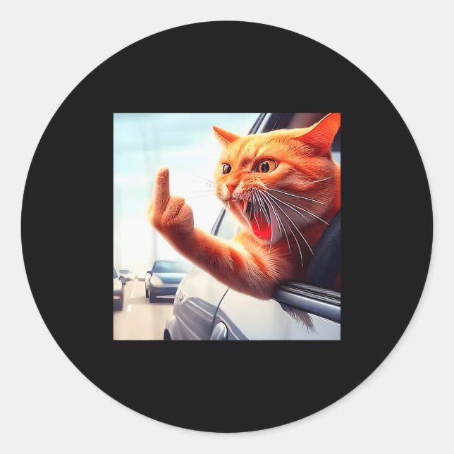 Funny Cat Middle Finger Hilarious Cat In The Car C Classic Round Sticker (Front)