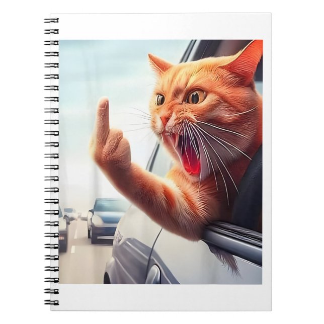 Funny Cat Middle Finger Hilarious Cat In The Car C Notebook (Front)