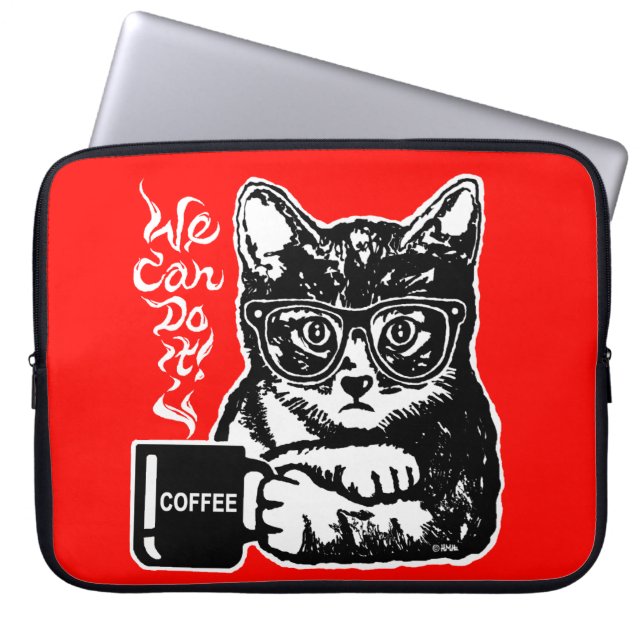 Funny cat motivated by coffee laptop sleeve (Front)
