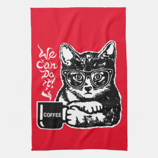 Funny cat motivated by coffee tea towel