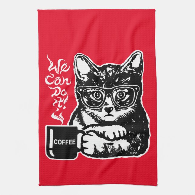 Funny cat motivated by coffee tea towel (Vertical)
