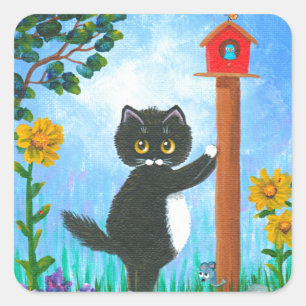 Funny Cat mouse bird Cartoon Creationarts Square Sticker