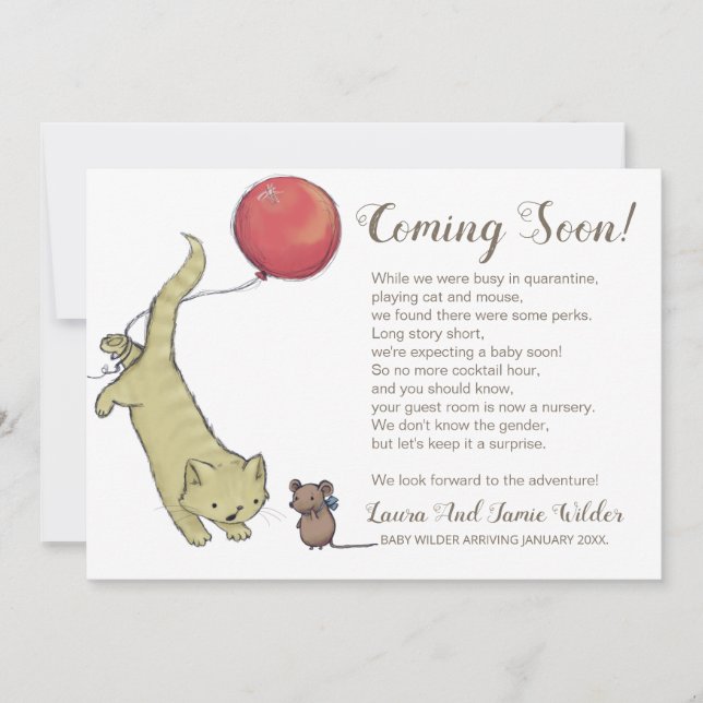 Funny Cat Mouse Illustration And Text Pregnancy Announcement (Front)