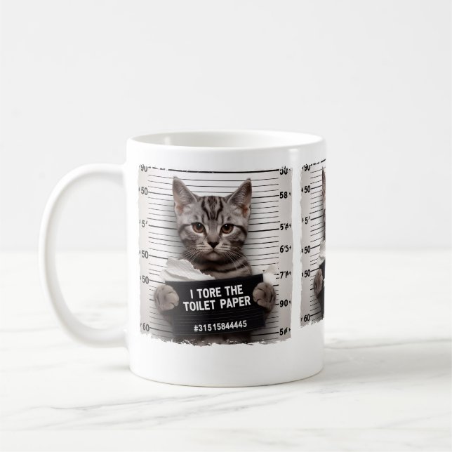 Funny Cat Mugshot Mischievous Kitty Humour Cat Coffee Mug (Left)
