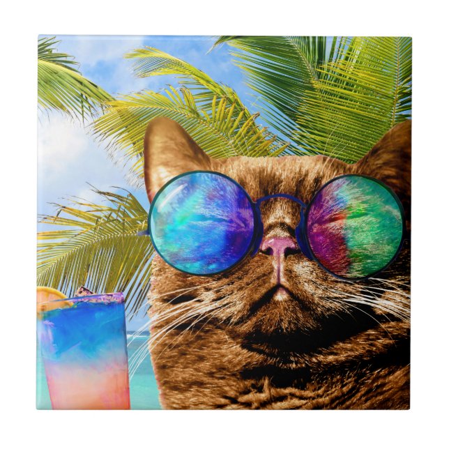 Funny Cat on Beach 675 Tile (Front)