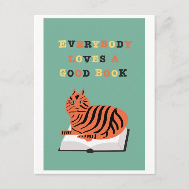 Funny Cat on Book Illustration Postcard (Front)