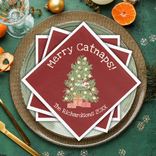 Funny Cat on Chistmas Tree Merry Catnaps! Red Napkin