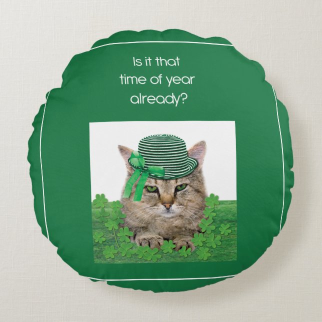 Funny Cat on St. Patrick’s Day Round Cushion (Front)