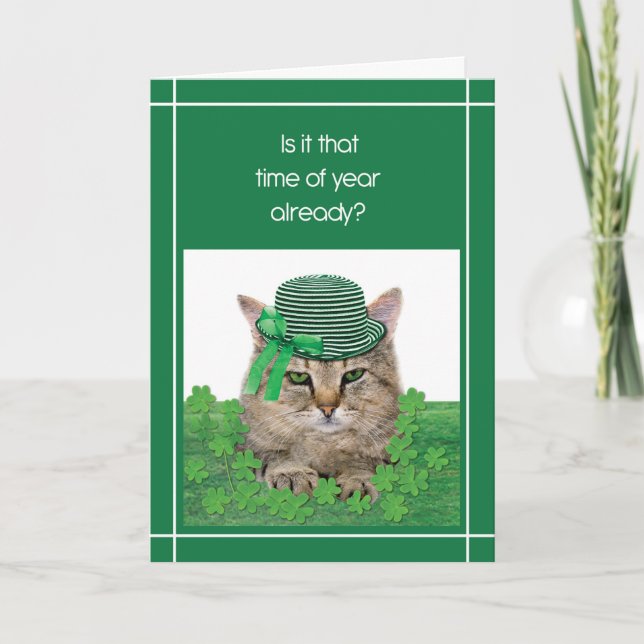 Funny Cat on St. Patrick’s Day with Green Hat Tie  Card (Front)
